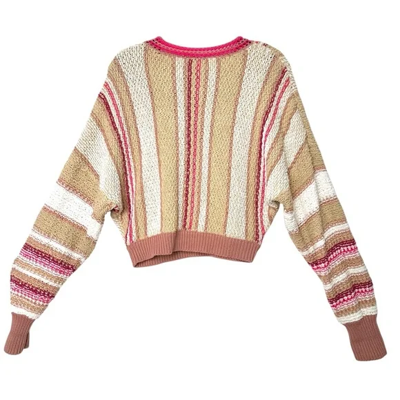 Free People Boho Show Me Love Chunky Knit Cropped Dolman Sleeve Striped Sweater - Picture 3 of 14